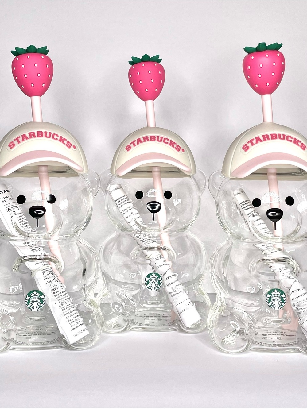 Set of 3 Viral Starbucks Pink Strawberry Bearista Glass Cups
